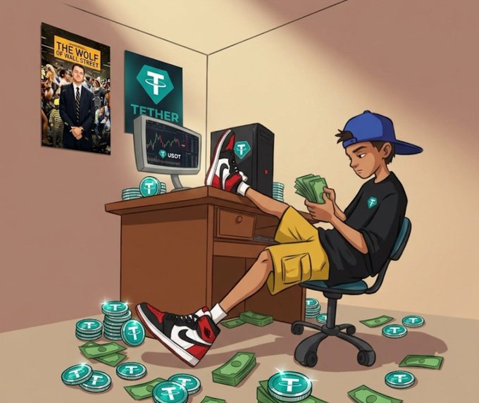 A cartoon illustration of a young man in a blue cap counting cash while sitting at a desk with a computer showing USDT charts, surrounded by Tether coins and a Tether poster and 'The Wolf of Wall Street' poster on the wall.