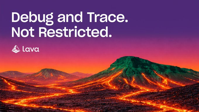 A promotional graphic with a purple-to-orange gradient background displaying a volcanic landscape with lava flows, featuring the text 'Debug and Trace. Not Restricted.' and the 'lava' logo.