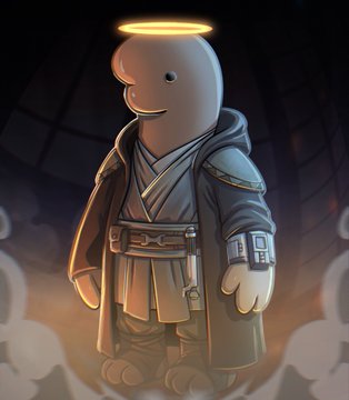 A stylized illustration depicts a cute, cartoonish character with a golden halo and a smiling face, wearing layered robes and a tech-inspired bracer.