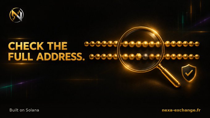 A dark banner with a magnifying glass graphic reading "CHECK THE FULL ADDRESS." with "Built on Solana" and the website "nexa-exchange.fr" displayed.