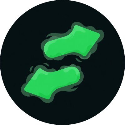 A dark circular icon featuring two stylized, bright green splash or liquid shapes floating against a black background.