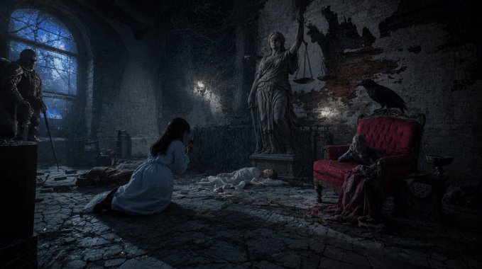 A dark, gothic scene of a woman covering her face while sitting on the floor of a ruined room with a statue of Justice, a knight, a person in a red chair, and a baby lying on the ground.