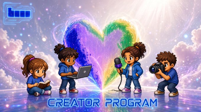 An illustrated promotional banner titled 'CREATOR PROGRAM' showing four cartoon children with a laptop, microphone, camera, and notebook in front of a glowing rainbow heart.