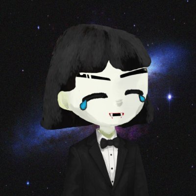 A digital avatar of a smiling person with black bob-cut hair, wearing a formal tuxedo with a black bow tie, set against a starry outer space background.