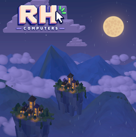 A pixel art illustration features a logo reading 'RH COMPUTERS' with a cloud and cursor, set against a nighttime landscape of mountains, floating islands with houses, and a full moon.