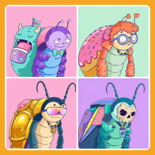 A 2x2 grid of colorful cartoon illustrations features four quirky bug-themed characters, including a green horned monster, a purple caterpillar, a red-haired bug with a donut shell, and a beetle wearing a skull mask.