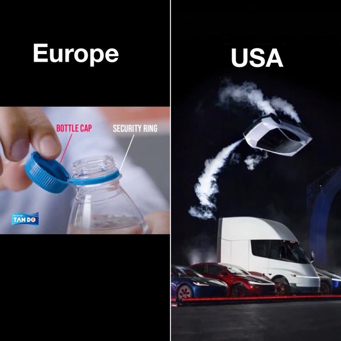 A comparison meme shows 'Europe' with a properly opened water bottle labeled 'BOTTLE CAP' and 'SECURITY RING', versus 'USA' depicting a Tesla Cybertruck flying off a semi-truck into the air.