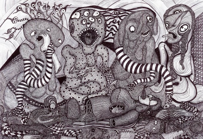 A black and white detailed surreal illustration featuring multiple grotesque, monstrous figures with multiple eyes, striped limbs, and strange organic patterns in a densely packed composition.
