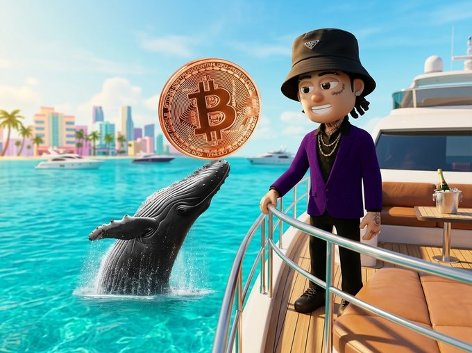 A 3D-rendered cartoon character in a purple jacket and bucket hat stands on a yacht next to a giant Bitcoin coin and a leaping whale in turquoise water.