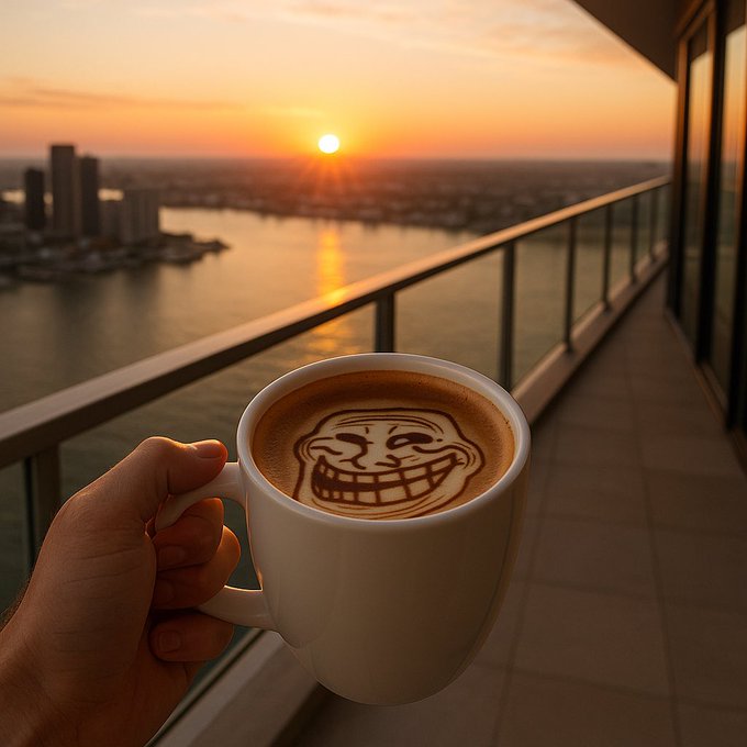 A first-person view of a hand holding a white mug of cappuccino with a troll face latte art design, set against a sunset view over a city skyline and water from a balcony.