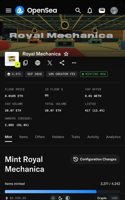 A mobile screenshot of the OpenSea NFT marketplace showing the "Royal Mechanica" collection mint page, which displays 3,371 items minted out of 4,242, a floor price of 0.0105 ETH, and a 1D floor change of 0% — supporting the post's question about whether this mint will "cook."