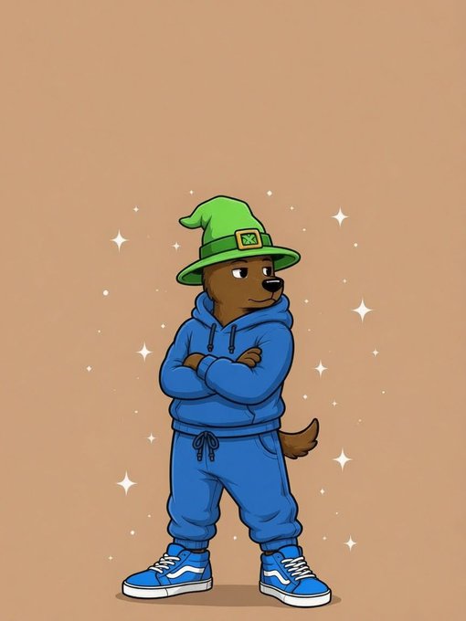 An illustration of an anthropomorphic brown dog wearing a green wizard hat and blue tracksuit with blue sneakers, standing against a brown background with sparkles.