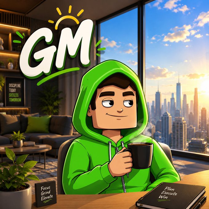 An animated character in a green hoodie sits at a desk overlooking a city skyline, holding a coffee mug under a large "GM" logo. The image visually reinforces the "trust the process" message of the post by depicting a focused, calm morning routine for success.