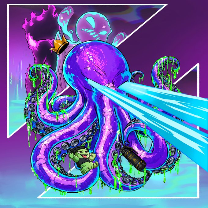 A vibrant cartoon octopus with glowing cyan eyes shoots laser beams while wearing a gold crown, surrounded by green ooze and chains, with a small green creature trapped in one of its tentacles. The image serves as the promotional artwork for an Octaverse NFT whitelist giveaway in partnership with PERPs, fitting the playful, crypto-themed aesthetic of the project.