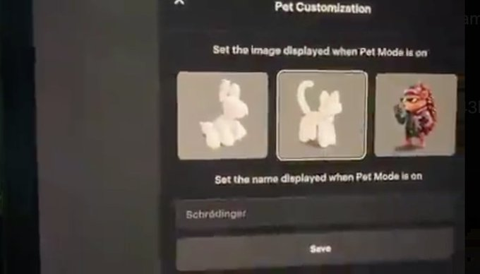 A Tesla Pet Customization screen showing options to set an image and name (currently 'Schrödingier') displayed when Pet Mode is on.