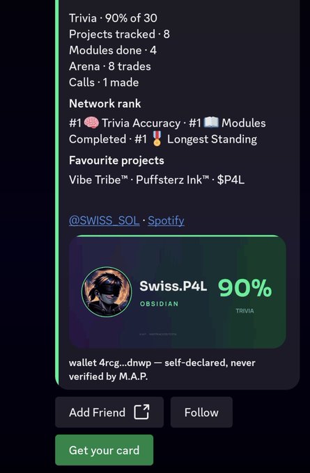A member profile card for "Swiss.P4L" displays stats including 90% trivia accuracy, 4 modules completed, and 8 trades, with rank #1 in Trivia Accuracy and Longest Standing. The image illustrates the post's message about M.A.P.'s new networking feature, showing how users can view fellow members' achievements and follow them within the platform.