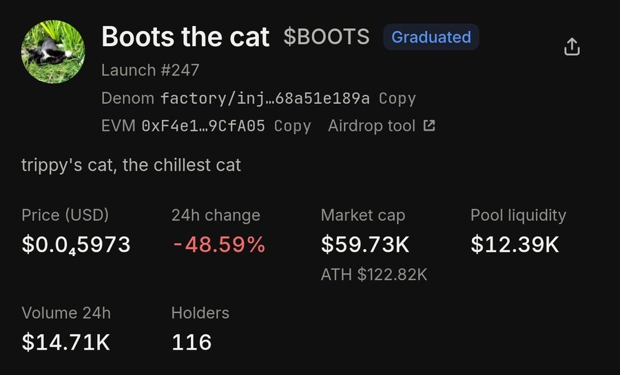 A cryptocurrency listing for 'Boots the cat $BOOTS' showing a price of $0.05973, down -48.59% in 24h, with a market cap of $59.73K and 116 holders.