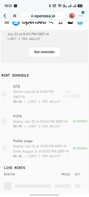 A mobile screenshot from opensea.io showing a mint schedule with phases (GTD, FCFS, Public stage) at $9.65, with FCFS and Public stage marked ELIGIBLE, dated July 22.