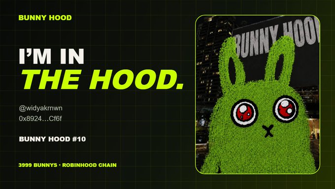 A promotional graphic for "Bunny Hood" featuring a green furry bunny character with red eyes, displaying the text "I'M IN THE HOOD," "Bunny Hood #10," and "3999 BUNNYS · ROBINHOOD CHAIN."