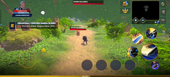 A screenshot of the action RPG game Elumia, showing a player character near a "Young Malania" enemy, with the quest "Reasonals Hunting Magma Slimes: Find and defeat Magma Slime (0/5)" displayed and a "Join Kinswood" button at level 1 (1220/1222). The image aligns with the post's mention of trying Elumia via Google Play and highlighting the game's polished visual presentation.