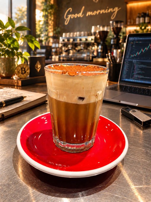 A glass of layered coffee on a red saucer sits on a metal counter in a café, with a "Good morning" sign and a laptop displaying a trading chart in the background.