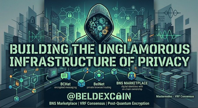 A promotional graphic titled 'BUILDING THE UNGLAMOROUS INFRASTRUCTURE OF PRIVACY' for @BELDEXCOIN, highlighting features like BChat, BelNet, BNS Marketplace, and VRF Consensus.