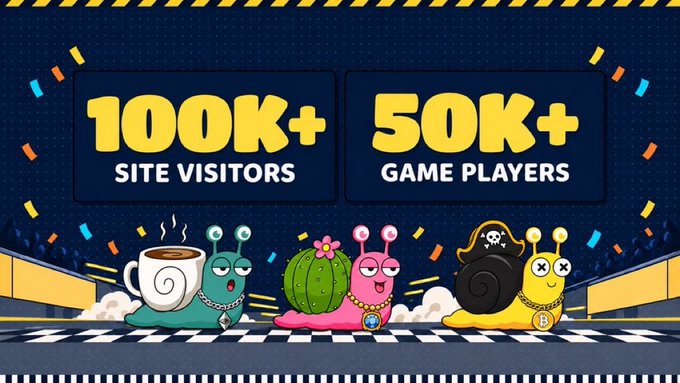 A promotional graphic displaying '100K+ SITE VISITORS' and '50K+ GAME PLAYERS' in yellow text, featuring cartoon snails with various accessories like a coffee cup, cactus, and pirate hat.