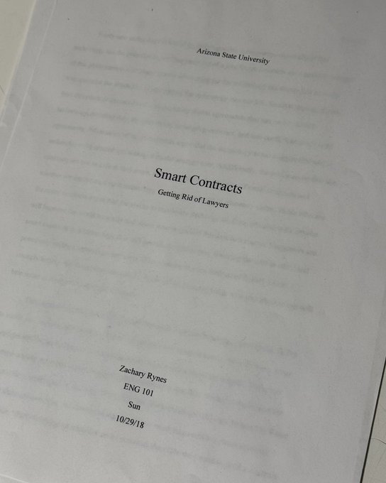 A paper from Arizona State University titled 'Smart Contracts: Getting Rid of Lawyers' by Zachary Rynes for ENG 101, dated 10/29/18.