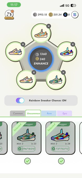 The image shows a phone screen displaying an app interface with several shoe options available for purchase, including rainbow sneakers. The app has a rating system that allows users to rate their preferred choice of shoes. There are also other options like sports shoes and casual shoes displayed on the screen.
