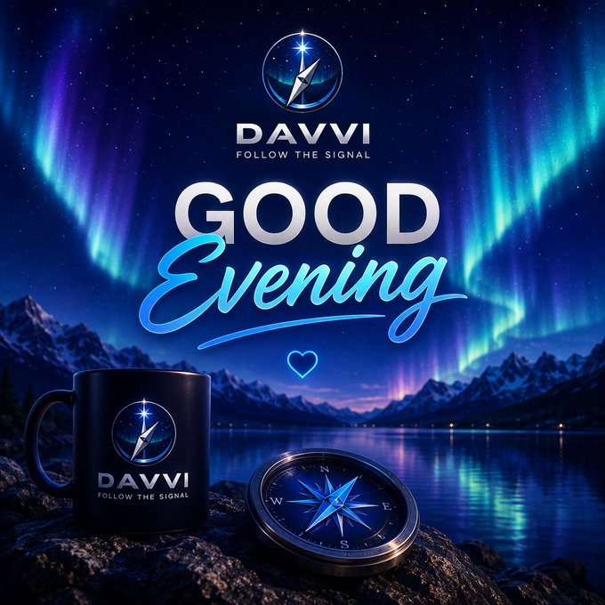 A greeting graphic for 'DAVVI - FOLLOW THE SIGNAL' displays the message 'Good Evening' in stylized text over a scenic landscape of mountains and an aurora-filled night sky, accompanied by branded merchandise including a coffee mug and compass.