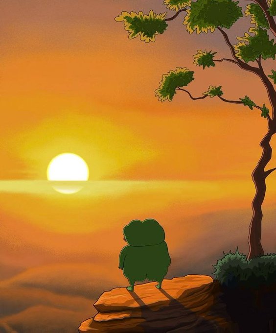 A cartoon frog stands on a cliff at sunrise, gazing out over a sea of clouds beneath a glowing sun. The image symbolizes new beginnings and fresh opportunities, matching the hopeful tone of the morning message about a "new day" with the ticker $ANSEM.