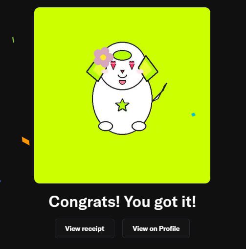 A digital receipt screen on a green background showing a cartoon white character with a flower and green star, with the message 'Congrats! You got it!' and buttons to 'View receipt' or 'View on Profile'.
