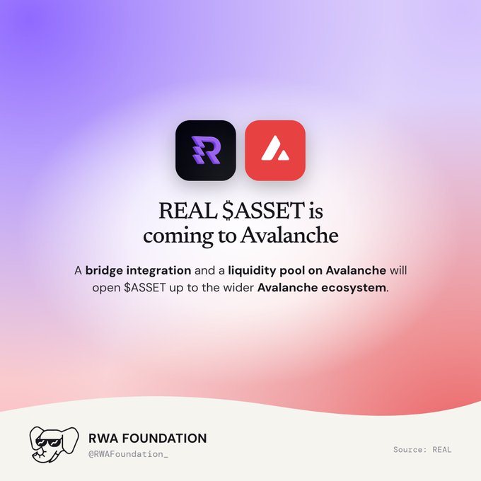 A minimalist graphic with a purple and pink gradient background displaying the text "REAL $ASSET is coming to Avalanche," noting that a bridge and liquidity pool will open the asset to the Avalanche ecosystem.