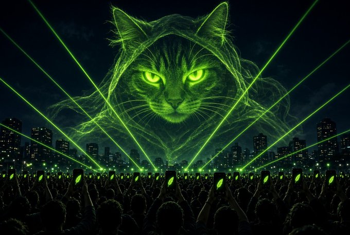 A digital artwork depicting a giant glowing green cat face projected over a city skyline at night, with green laser beams shooting out and a crowd below holding up phones.