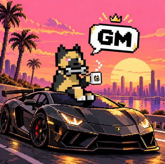 Pixel art of a German Shepherd dog wearing a crown, sitting in a black Lamborghini holding coffee, with a "GM" (Good Morning) speech bubble against a pink sunset cityscape.