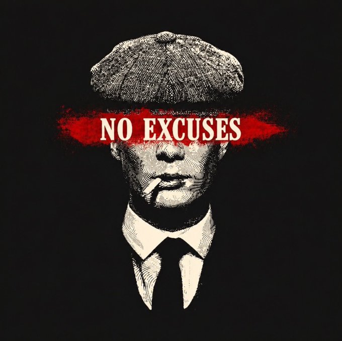 A stylized graphic of a man in a flat cap and suit smoking a cigarette, with a red banner across his eyes reading "NO EXCUSES".
