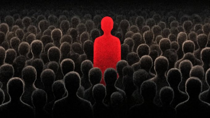 An illustration showing a red silhouette of a person standing out distinctly against a dense crowd of dark silhouettes, symbolizing individuality.