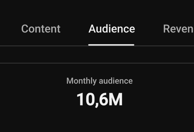 A dark mobile app screen showing a tabs interface with 'Content,' 'Audience,' and 'Revenue' labels, with 'Audience' selected and displaying 'Monthly audience: 10,6M.'