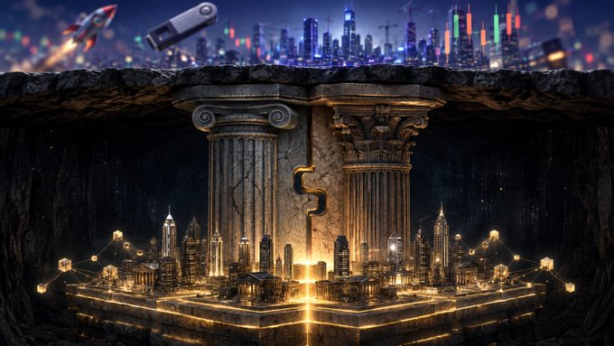 A surreal digital artwork showing a cross-section of a city, with ancient Greek-style columns and glowing golden architecture beneath the surface, contrasted with a modern neon-lit cityscape above.