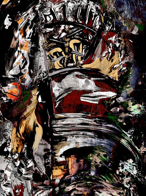 An abstract expressionist painting with chaotic black brushstrokes and splatters over a dark background, accented with patches of gold, white, red, and blue.