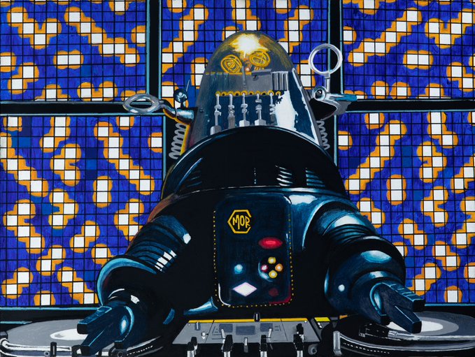 An illustration of a black robot wearing a transparent dome helmet with a 'MOB' logo on its chest, standing behind DJ turntables against a blue and yellow tiled background.