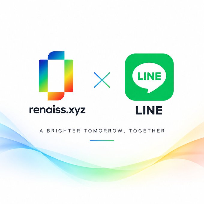 A promotional graphic announcing a partnership between 'renaiss.xyz' and 'LINE' with the tagline 'A BRIGHTER TOMORROW, TOGETHER' over a white and pastel wavy background.