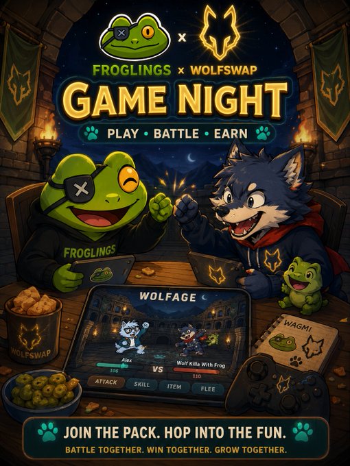 The image features a poster for a game night event, where two cartoon characters are playing video games together. The poster includes text that reads "Froglings X Wolfswap Game Night Play - Battle - Earn", indicating that this is an event where players can join and play against each other in the game of Froglings vs. Wolfswap. There are also images of the game characters on the poster, which adds to the visual appeal of the advertisement. The text "join the pack" suggests that participants should bring their own gaming equipment or join a group for multiplayer gameplay.