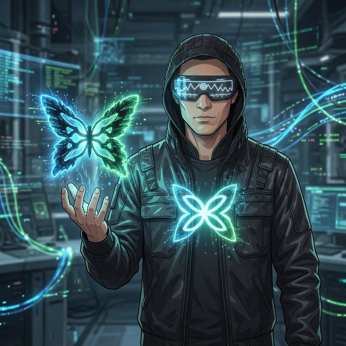 A hooded figure wearing a VR-style headset with a digital waveform display conjures a glowing butterfly hologram above their palm, while a matching butterfly emblem shines on their jacket amid a futuristic server room. The image visually reinforces the post's reference to **gQuip** and **@quipnetwork**, symbolizing the blend of advanced quantum hardware and elegant, butterfly-like efficiency that turns universe-spanning problems into minutes.
