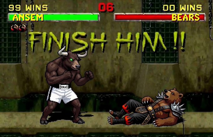 A retro arcade fighting game screen showing "FINISH HIM!!" in large green letters; a muscular bull character labeled "ANSEM" (99 wins) stands over a defeated bear character labeled "BEARS" (0 wins).