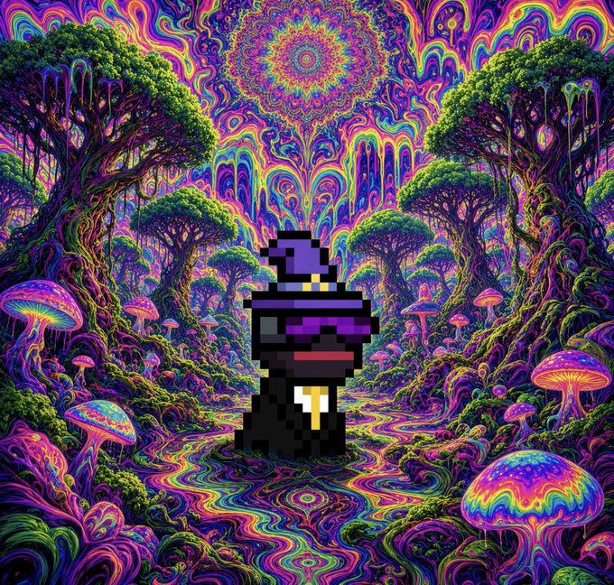 A pixel art character wearing a purple hat and dark robe standing in a surreal, psychedelic forest with vibrant swirling patterns, glowing mushrooms, and bright colors.