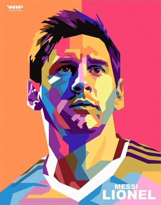 A vibrant pop art style portrait of Lionel Messi rendered in geometric blocks of purple, blue, yellow, and pink, with 'MESSI LIONEL' text at the bottom right.