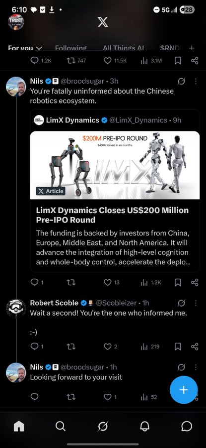 Nils (@broodsugar) tweets that he is "fatally uninformed" about the Chinese robotics ecosystem, immediately followed by a LimX Dynamics (@LimX_Dynamics) announcement of closing a $200M pre-IPO round, prompting Robert Scoble to reply, "Wait a second! You're the one who informed me."