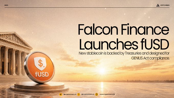 A digital poster showcases a new stable coin named fUSD that is backed by U.S. Treasuries and designed to comply with regulatory guidelines like the GENIUS Act. The poster also highlights that the coin has been launched by two entities - Falcon Finance, which was previously the U.S Treasury, and Anchorage, a regulated crypto bank based in the U.S.