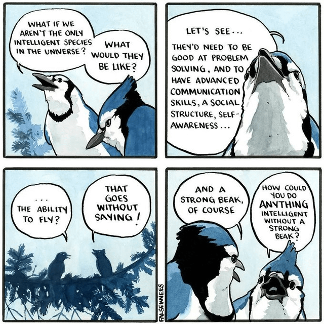 The image features a comic strip with four panels, each depicting two blue jays perched on branches of trees. The panels are titled "Let's see...", "What if we were...", "They'd need to be good at problem-solving, and to have advanced communication skills, social structure, self-esteem, and strong beak." The comic strip is related to the post about r/CryptoReality because it uses humor to discuss intelligence beyond imagination.